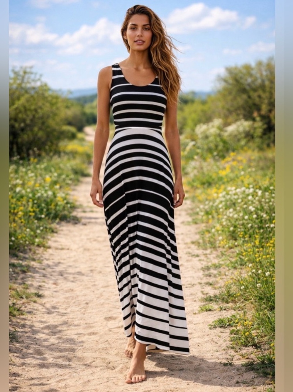 Athleta Stripe Maxi Dress Dark Blue White Sleeveless Tank Scoop Neck Small NWT